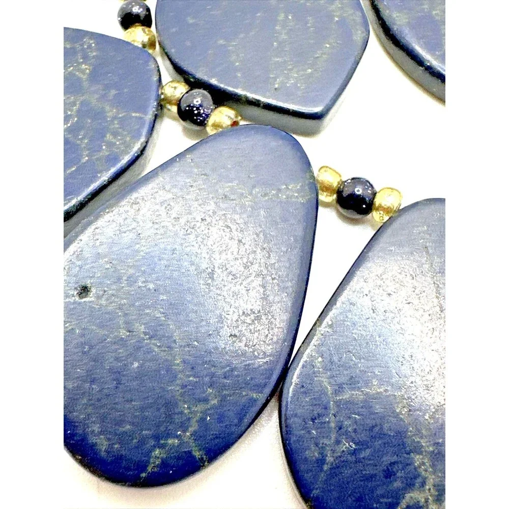 Vintage Blue Dragon Vein Bib Necklace Gold Tone Double Chain Statement 18